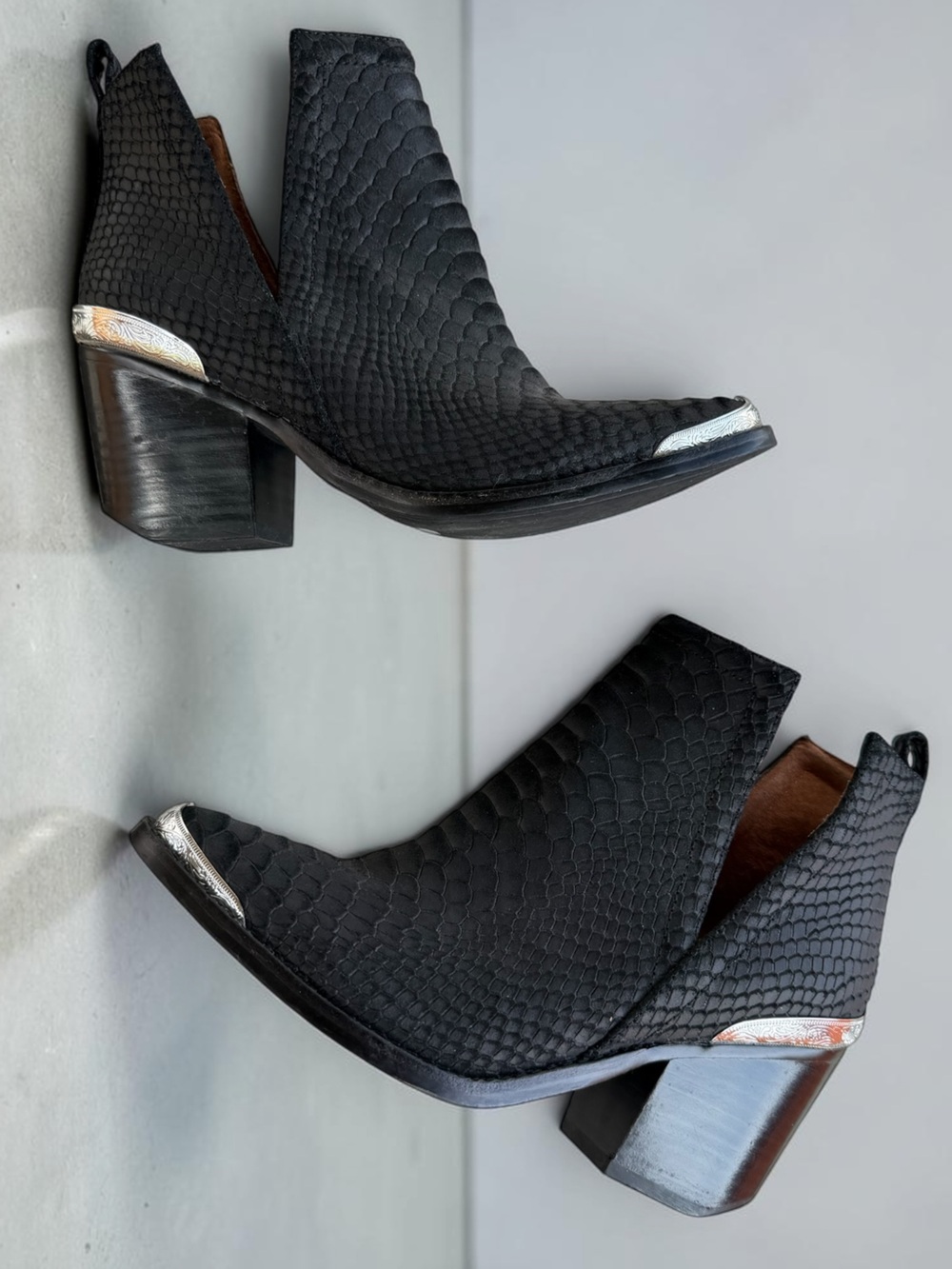 Jeffrey Campbell Cromwell Black Snake Print Cutout Western Ankle Booties - Picture 2 of 15
